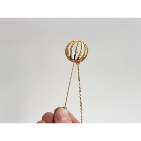 Gold T Spherical Cage w/ Safety Chain Vintage Stick Pin | Hat Pin | Lapel Pin - Picture 4 of 10